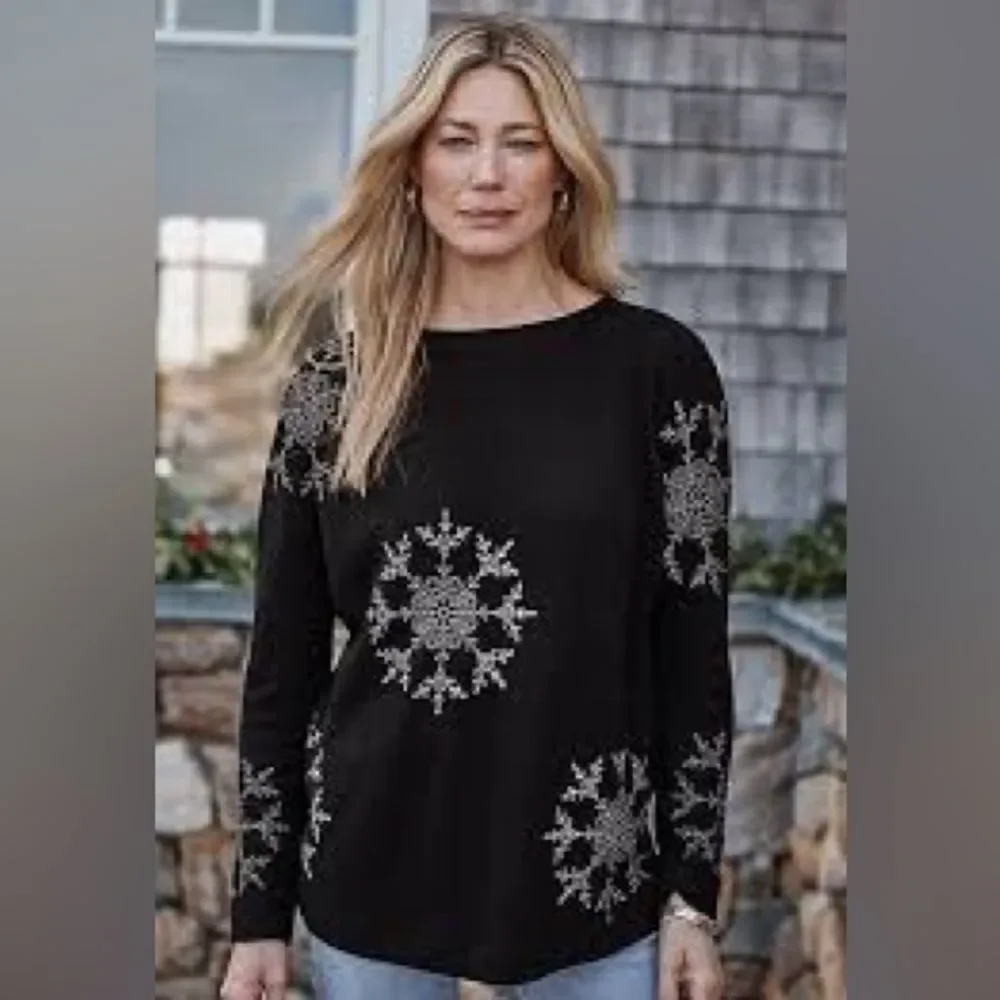 J. Jill Black Knit Sweater with Silver Snowflake Motifs